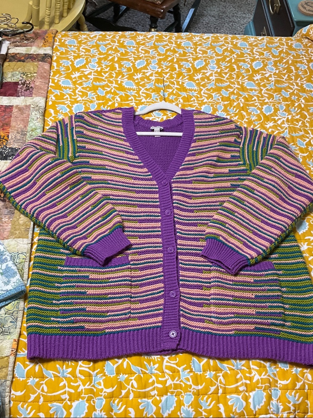 LOGO Striped V-Neck Cardigan Sweater in Purple, Green, and Pink - Picture 9 of 9